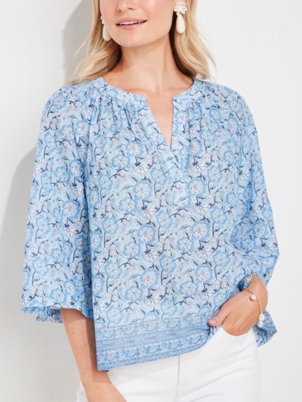 VINEYARD VINES FRANGIPANI FLORAL BEACHY POPOVER TOP BLUE WHITE WOMENS LARGE
